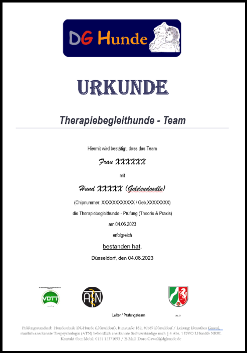 DGHunde-Urkunde nach bestandener Prüfung zum Therapie- und Begleithund